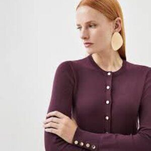 Karen Millen Burgundy Viscose Blend Crew Neck Cardigan Sweater Size L NWT